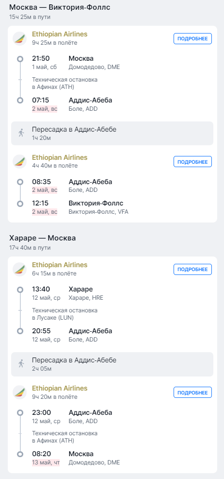 Перелёт в Зимбабве на майские праздники